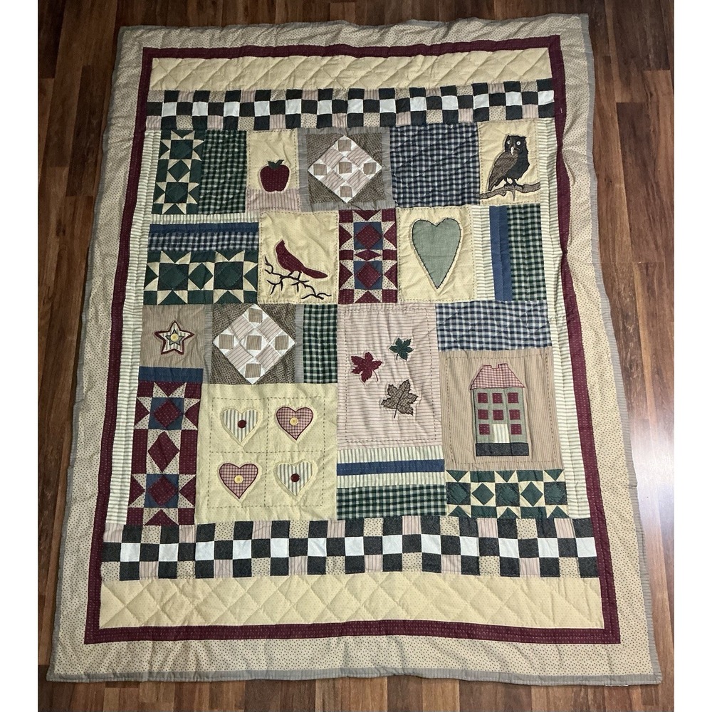 Country Folk Style Patchwork Sampler Quilt  85" X 65" Primitive Appliqué Motifs